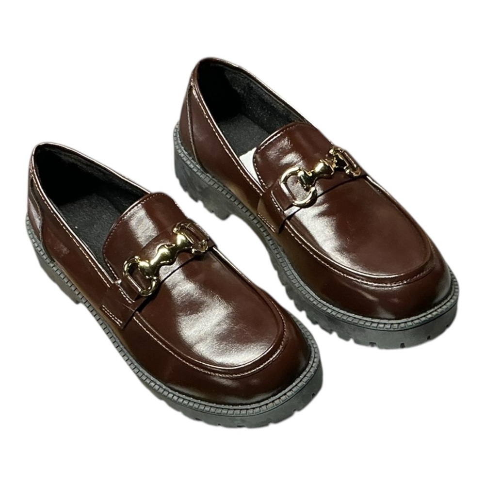 Brown Leather Horsebit Loafers Chunky Lug Sole Gold Hardware EU 40 US 9